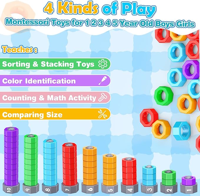2-in-1 Montessori Counting & Stacking Toys for Toddlers Ages 1-5 Autism Sensory Toys for Kids Preschool Educational Spinning Learning Games Birthday Xmas Gifts for Boys Girls 1-5 Year Old