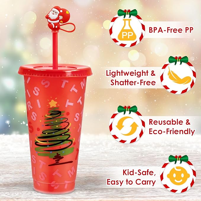 Christmas Color Changing Cups with Lids, Straws & Cute Straw Caps, 24oz PP Reusable Tumblers for Cold Drinks, 4 Pack Holiday Gift for Kids, Teens & Adults