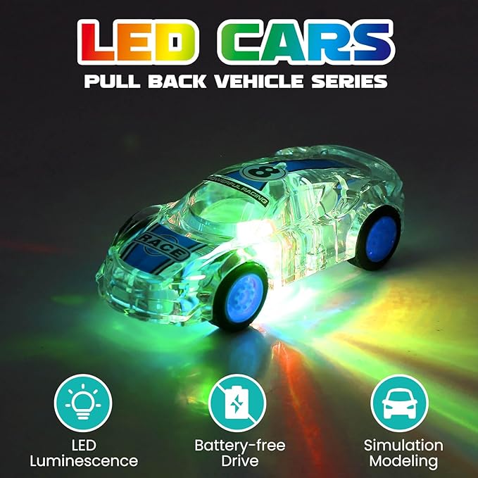 LED Light Up Pull Back Car Toys, Push and Go Race Car 2 Pack，Suitable for Toddlers 3 4 5 6 7 8 Year Old Kids for Boys and Girls Birthday Party Gift