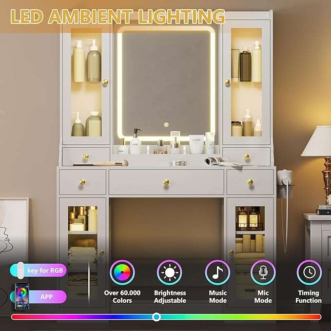 Vanity Desk with Mirror and Lights, Pink Makeup Vanity Table with 3 Modes & Adjustable Brightness, Glass Cabinets, Drawers, Outlet, Modern Dressing Table for Bedroom, Girls, Women, Teens