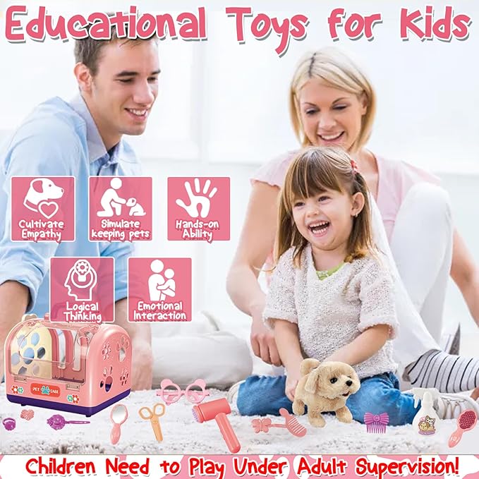 TEUVO 14Pcs Dog Toys for Girls Kids 3 4 5 6 8 Year Old, Walking Barking Electronic Interactive Stuffed Dog Plush & Carrier Accessories Pet Care Playset Grooming Toy Pretend Play Gifts for Little Girls