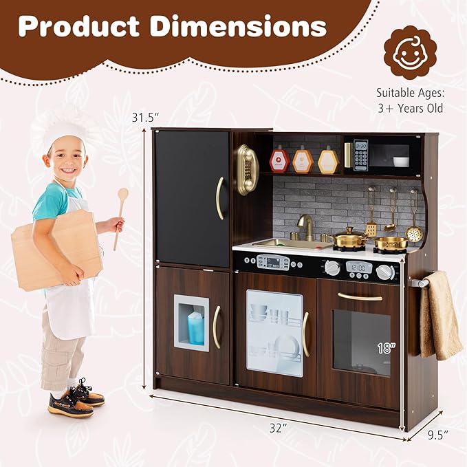 Costzon Kids Kitchen Playset, Wooden Pretend Cooking Toy Set w/Real Sound, Large Blackboard, Telephone, Microwave, Ice Maker, Dishwasher, Oven, Storage Space, Play Kitchen for Kids Ages 3+ (Brown)