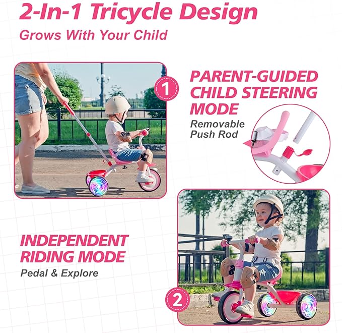 Liberry 2 in 1 Toddler Tricycle Age 2 3 4 Years Old, Kids Trike with Light Up Wheels, Adjustable Push Handle, 3 Wheel Bike Outdoor Indoor Riding Toy Gift for Girls Boys, Pink