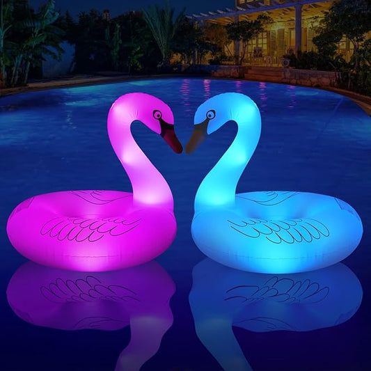 Solar Powered Inflatable Swan Pool Floats with Lights, LED RGB Color Changing Light Up Pool Floats Adult, 42'' Large Swan Pool Floaties, Lake Floats Summer Pool Raft Lounge for Adults - 2 PC