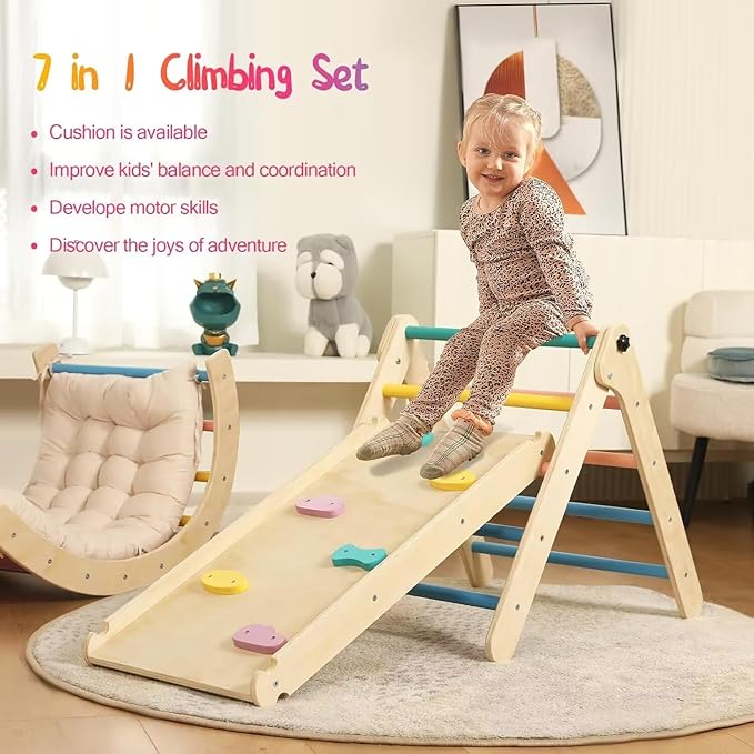 Pikler Triangle Set with Cushion, 7 in 1 Toddler Climbing Toys Indoor, Montessori Foldable Climbing Set, Wooden Climbing Toys for Toddlers Inside with Ramp, Arch and Ladder (Rainbow)