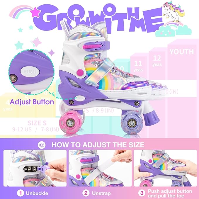 SULIFEEL Rainbow Unicorn 4 Size Adjustable Light up Roller Skates for Girls Boys for Kids