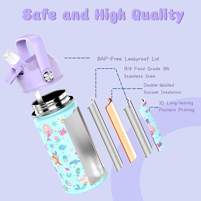 14oz Kids Insulated Water Bottle with Straw Lid - 18/8 Stainless Steel Kid Cup Travel Tumbler Double Wall Vacuum Leak Proof Portable Toddler Water Bottle (Mermaid)