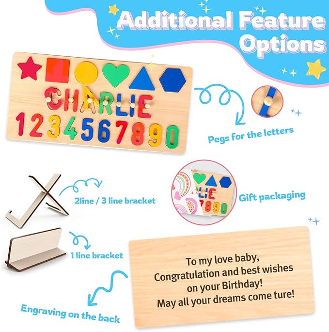 Baosity Personalized Name Puzzle for Kids, Custom Wooden Puzzles for Toddlers 1-3, Shape & Number Puzzle, Early Baby Toys, 1st Birthday Gifts Boy Girl, Gifts for Birthday Christmas Baby Shower