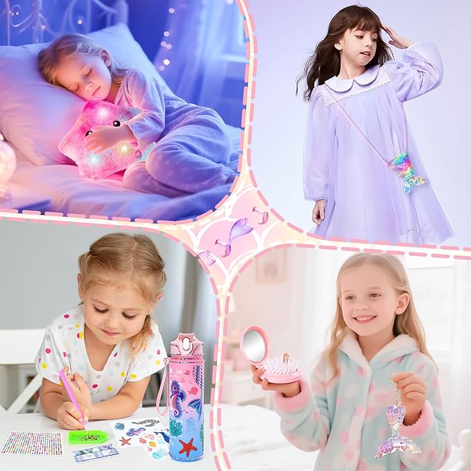 13PCS Mermaid Toys Gifts for Girls 4-6 7 8 9 10 Years Old, Girls Birthday Gifts Set with Light Up Star Pillow DIY Water Bottle Kits, for Daughter Niece Christmas Birthday Baskets for Kids