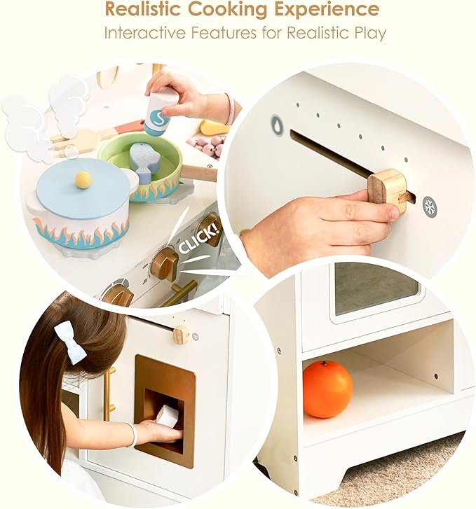 Wooden Play Kitchen for Kids with Ice Maker — Small White Pretend Kitchen Set with Sink, Stove, Oven & Microwave, Utensils and Storage, Montessori Role-Play Toy, Gift for Toddlers Ages 3+