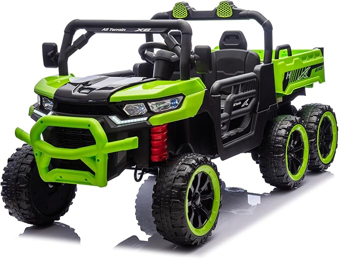 24V UTV 2 Seater Dump Truck with Remote Control, Electric Dump Bed, 4WD Power Ride on Truck Cars 6x6 Wheels, Music, Storage Trunk, Shovel for Kids-Green
