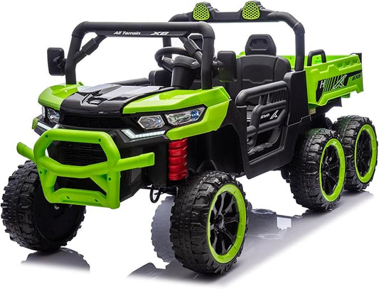 24V UTV 2 Seater Dump Truck with Remote Control, Electric Dump Bed, 4WD Power Ride on Truck Cars 6x6 Wheels, Music, Storage Trunk, Shovel for Kids-Green