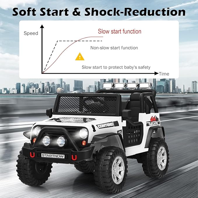 Costzon 2-Seater Ride on Truck, 12V Battery Powered Electric Vehicle w/Remote Control, 2 Speeds, Spring Suspension, LED Light, Horn, Music/ MP3, 2 Doors Open, Ride on Car for Kids (White)