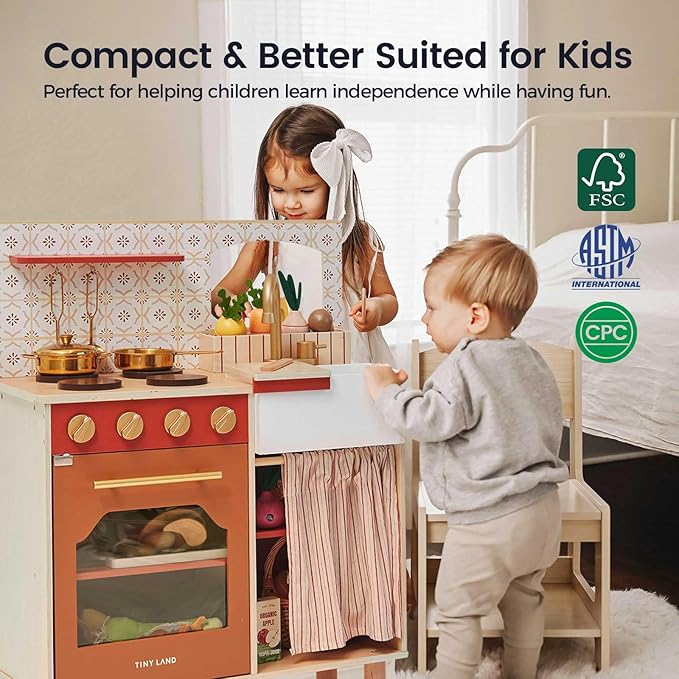 Tiny Land Play Kitchen, Kids Kitchen Playset, Toddler Kitchen with Cutting Food Set, Wooden Kitchen Sets for Kids, Best Gift for Girls and Boys