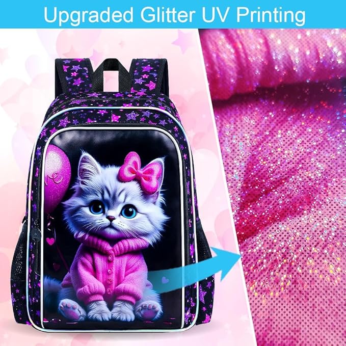 CCJPX 3Pcs Cat Backpack for Girls, 16” Kids Bookbag with Lunch Box, Water Resistant Elementary School Bag for Kindergarten Preschool Toddler (Black)