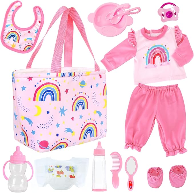 UNICORN ELEMENT 13 Pcs Baby Doll Clothes and Accessories for 14-18 inch Dolls, Baby Doll Feeding and Caring Set with Baby Doll Diaper Bag, Clothes, Diapers, Bottles, Pacifier, Best Gift for Kids