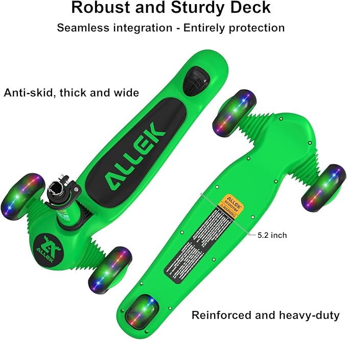 Allek Kick Scooter Foldable F02, 3-Wheel LED Flashing Glider and 4 Adjustable Height with Anti-Slip Thick Deck Push Scooter for Children 3-12yrs