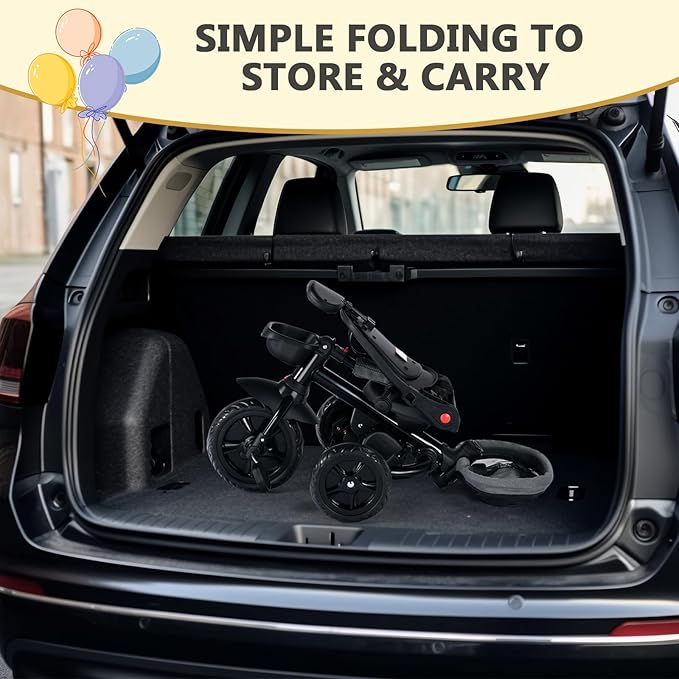 Kinder King Kids Tricycle, 7 in 1 Folding Toddler Trike w/Adjustable Push Handle, Rotatable Seat, Adjustable Canopy, Safety Harness, Storage, Toddler Stroller Bike for Age 6 Months+,Grey