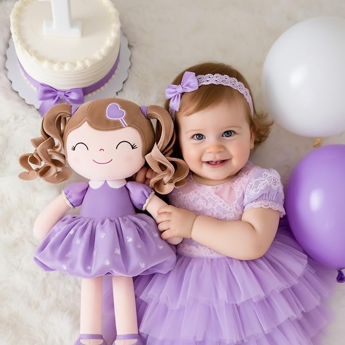 Gloveleya Baby Doll Gifts Plush Curly Girl Toys with Love Purple Light Skin