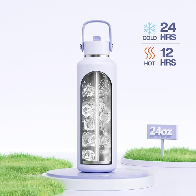 POWCAN 24 oz Slim Insulated Water Bottle: Leakproof, Lightweight, Cold for 24H, Double Walled Stainless Steel Water Bottle with Straw for Travel, Hiking, Biking, Sport, Outdoors (Lupine Haze)