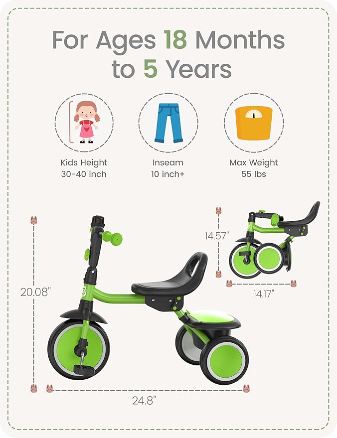 besrey Kids Tricycles Age 18 Month to 5 Years, Toddler Tricycle Kids Trikes Tricycle, Gift Toddler Tricycles for 2-5 Year Olds, Gift & Toys for Boy & Girl, Trikes for Toddlers, Grass Green