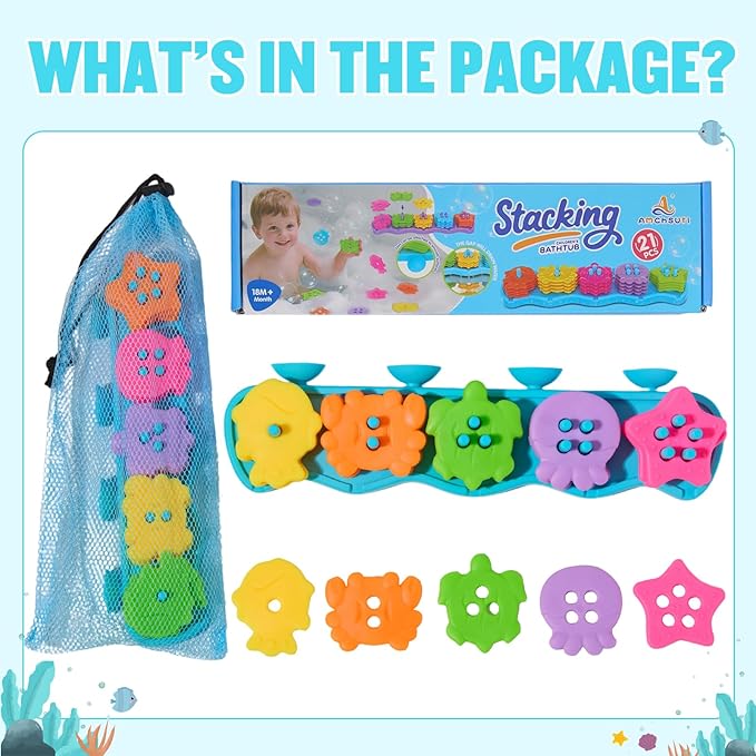 Baby Bath Toys for Kids Ages 1-3, Educational Toddler Bath Toys Mold Free Shape Sorter & Stacking with 20 Soft Rubber Floating Pieces, Sensory Bathtub Toys with Mesh Bag for Girls Boys