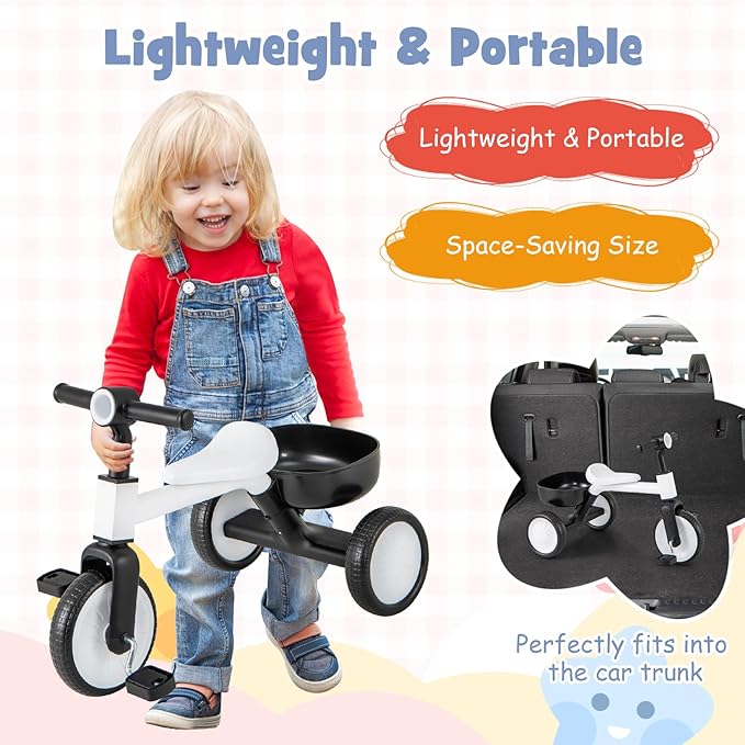 BABY JOY Toddler Tricycle, 2-in-1 Kids Tricycle Auxiliary Balance Bike with Carbon Steel Frame, Detachable Pedals & Removable Storage Basket, Toddler Trikes for 2-4 Year Old Baby Boy Girl