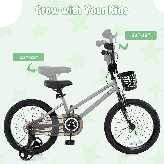 BABY JOY Starry Kids Bike, 12 14 16 18 Inch Bicycle with Training Wheels, Storage Basket, Adjustable Handlebar & Seat, Handbrake & Coaster Brake, Girls Boys Bike