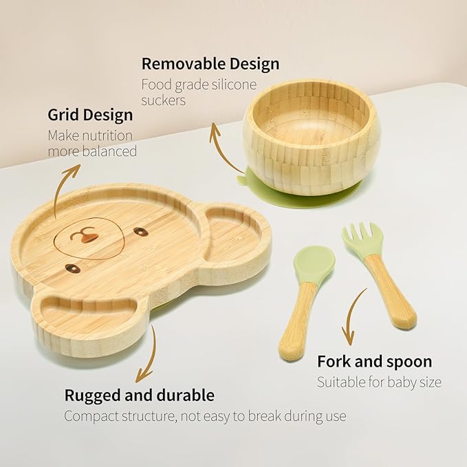 Bamboo Suction Plates Bowls Setfor Baby Toddler Divided Platter Food bowl with Silicone Fork & Spoon All-Natural Baby Feeding Set, Kids Feeding Essentials