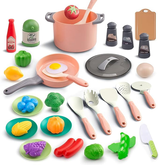 35Pcs Kids Kitchen Toy Accessories, Toddler Pretend Cooking Playset with Play Pots, Pans, Utensils, Cookware, Play Food Set, Toy Vegetables, Learning Gift for Girls & Boys (Pink)