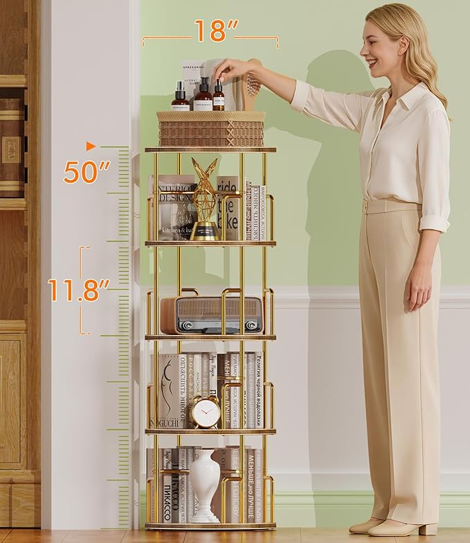 4 Tier Rotating Bookshelf Tower Round Gold,50” Floor Standing Spinning Bookshelf Tower Anti-Tipping Design,Metal & Wood Revolving Bookcase Stackable Space Saving for Small Spaces,Study,Living Room