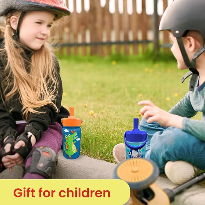 Crocodile Water Bottle - Kids Water Bottle with Straw Lid - 12 Oz Insulated Stainless Steel Water Bottles for Kid Boys - Travel Cup for School Sports