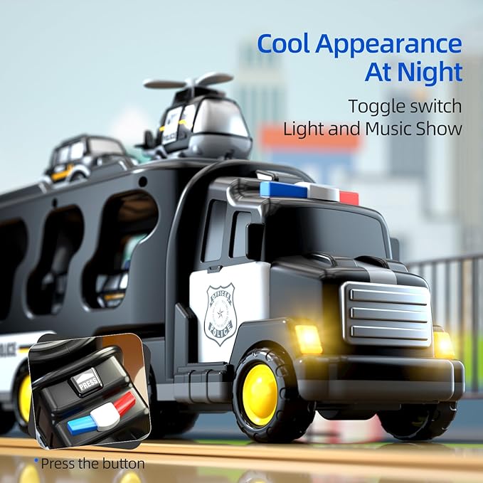 5 in 1 Police Trucks Cars Toys for Toddlers 3-5, Boy Toddler Car Truck Toys with Light Sound, Birthday Gifts Toys for 3 4 5 6 Year Old Boy, Transport Carrier Truck for Toddlers 3-5 Years