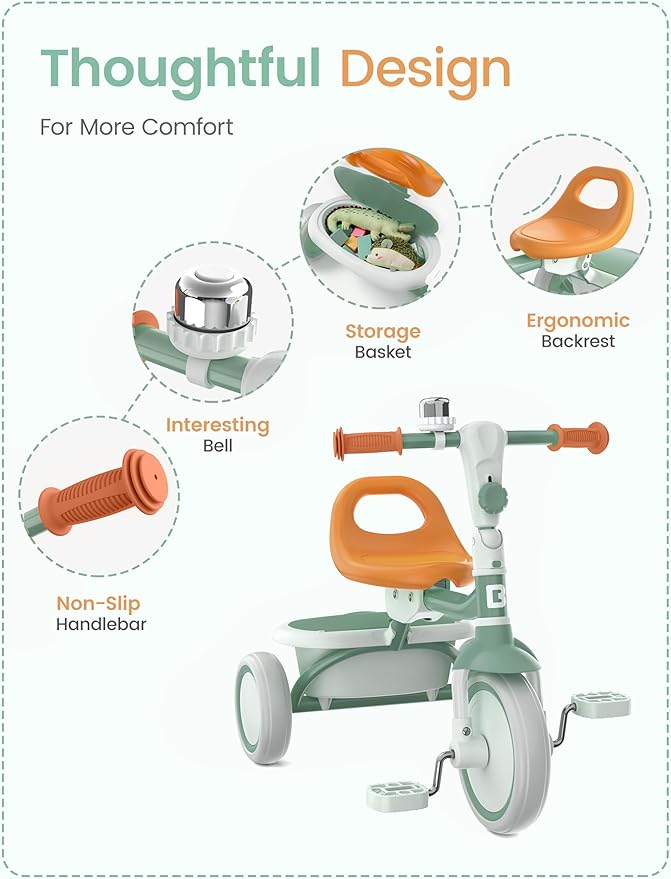 besrey Toddler Tricycle with Bell, Kids Tricycle Age 18 Months to 5 Years, Kids Trike, Toddler Bike for 2-5 Year Olds, Baby Trike, Gifts & Toys for Boys & Girls, Green