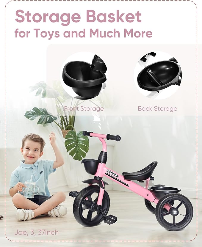 KRIDDO Kids Tricycles Age 24 Month to 4 Years, Toddler Kids Trike for 2.5 to 5 Year Old, Gift Toddler Tricycles for 2-4 Year Olds, Trikes for Toddlers, Sporty Styling, Pink