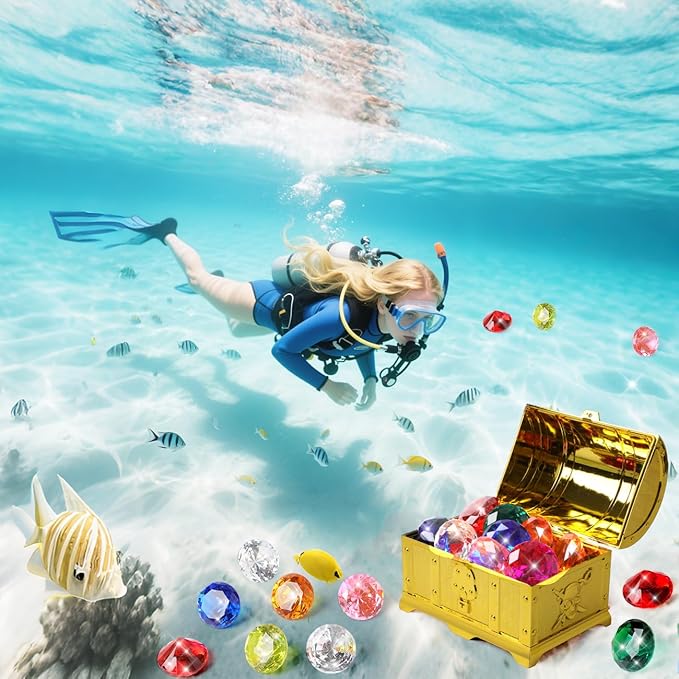 Diving Gems Pool Toys for Kids with Treasure Pirate 16PCS Big Colorful Diamond Jewels, Treasure Chest Dive Pool Gems Toy for Diving Underwater Swimming, Beach, Kids Party Favors Decors.