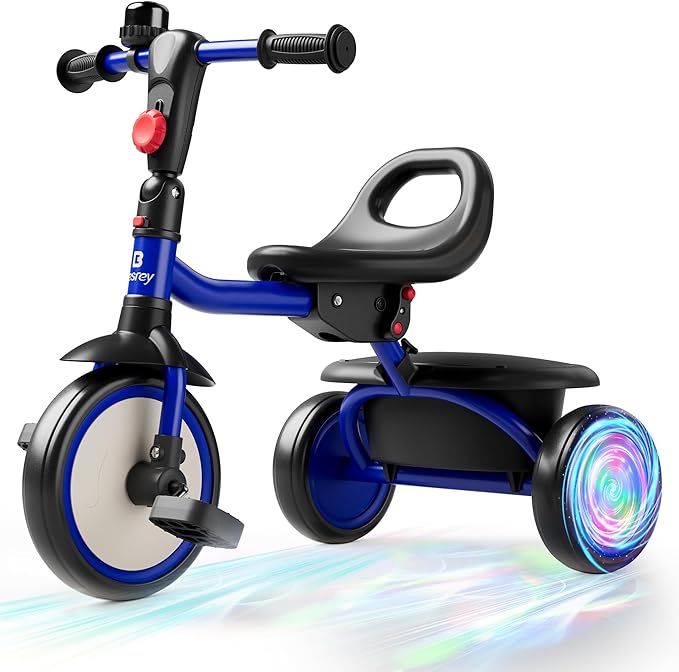 besrey Kids Tricycle with Flash Wheels for Ages 18 Months to 5 Years, Toddler Tricycle with Bell, Kids Tricycle, Gift for 2-5 Year Olds, Gift and Toy for Boys and Girls, Tricycle for Toddlers, Blue