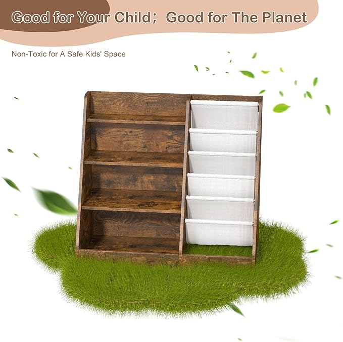 Kids Bookshelf for Bedroom Toddler Children Baby Bookcase 4-Tier for Nursery Book Toy Storage Organizer 5 Sling Book Display Shelf Book Rack Wood Classroom Playroom Rustic Brown