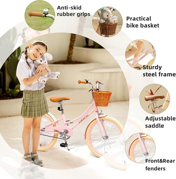 ACEGER Girls Bike with Basket, Kids Bicycle for 3-13 Years, Included Coaster Brake & Caliper Brake, 14 16 18 Inch with Training Wheels, 20 24 26 Inch with Kickstand but no Training Wheels