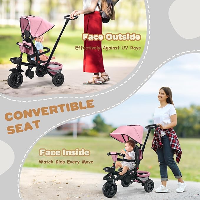 Folding Kids' Tricycle, 8 IN1 Baby Trike W/Removable Canopy &Parental Push Rod, Toddler Bike Stroller for Kids 1-5 Years, 360° Swivel Seat, EVA Wheels，Storage Basket, Pink