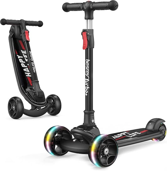 Besrey Kick Scooter for Kids Ages 3-10, 3-Wheel Folding Scooter with Adjustable Height, LED Light Wheels, Extra Wide Deck for Outdoor Activities