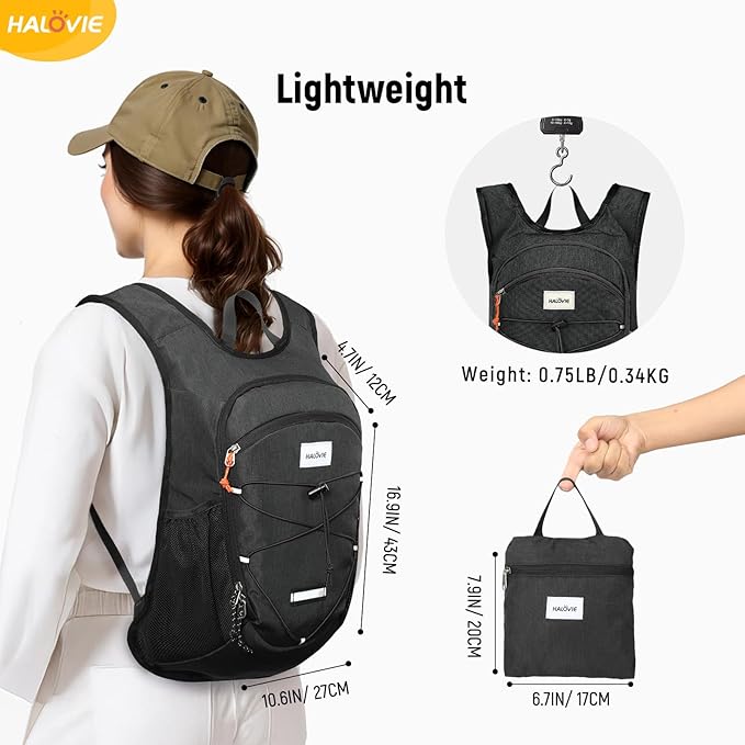 HALOVIE 15L Foldable Hiking Backpack Phone Pocket Lightweight Travel Daypack Shoulder with Chest Strap Small Packable Pack for Walking Women Men (Black)