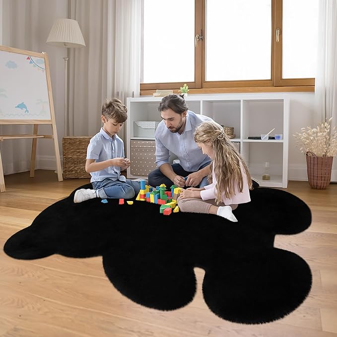 4.6x6 ft Black Bear Soft Fluffy Large Rug, Shaggy Faux Sheepskin Fur Rug Fuzzy Shag Area Rug Cute Plush Carpet for Nursery Kids Girls Bedroom Room Aesthetic Living Room Floor Home Decor, Black