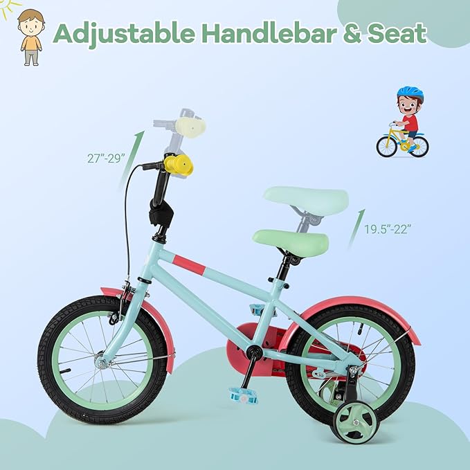 BABY JOY Colorful Macarons Kids Bike, 12 14 16 18 Inch Sporty Children's Bicycle with Training Wheels, Adjustable Handlebar & Saddle, Handbrake & Coaster Brake, Boys Girls Bike for 3-8 Years Old