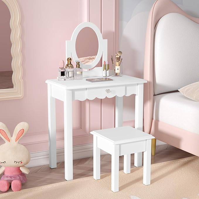 HLR Kids Vanity, Girls Vanity Set with Mirror and Stool, Wooden 2 in 1 Princess Makeup Desk Dressing Table with Detachable Top, Toddler Vanity Dresser Set with Drawer for Little Girls, White
