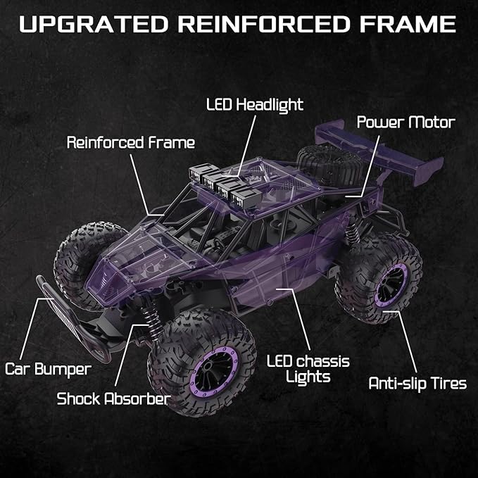 1:16 Scale Purple Remote Control Car, 20 Km/h High Speed Girls Remote Control Car Monster Vehicle with LED Headlights and Chassis Lights, RC Truck for Girls Boys and Adults