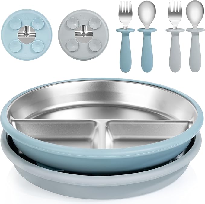 Bella's Friends Baby Feeding Set, 2 Pack Stainless Steel Divided Plate with Silicone Suction, 2 Set Spoons and Forks, BPA Free, Dishwasher Safe, Baby Led Weaning Supplies, Toddler Utensils, gray blue