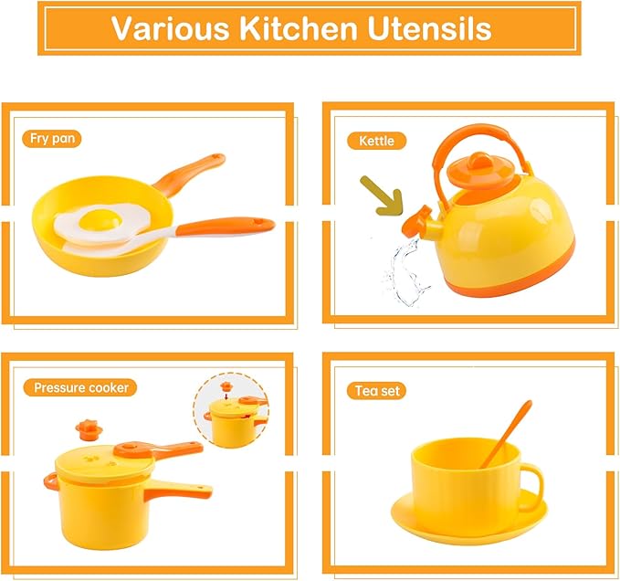 56Pcs Mini Play Kitchen Accessories for Kids, Pretend Cooking Playset with Cookware, Tableware & 2 Fruit Sets, Learning Gift for Girls, Boys, Toddlers, Yellow