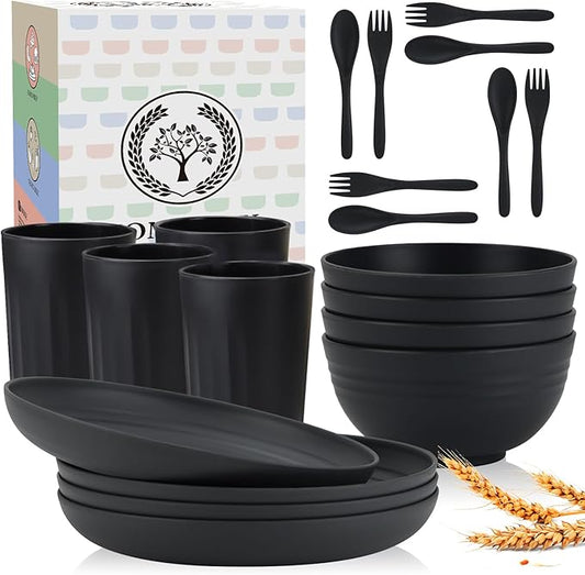 Homienly Wheat Straw Dinnerware Sets, Homienly 20pcs Unbreakable Microwave Dishwasher Safe Tableware Lightweight Bowls, Cups, Plates Set Reusable Dinner Plates Bowls set (Matte Black)