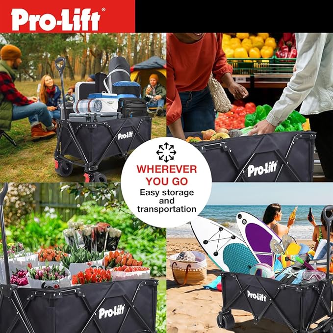 Pro-Lift Collapsible Folding Wagon– Beach Cart Large Capacity, Heavy Duty Folding Wagon Portable, for Outdoor Sports, Grocery, Camping, Shopping, Garden, Sports, Load up to 330LBS